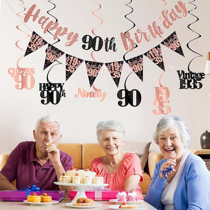 90th Birthday Decorations for Women, Black Rose Gold Happy 90th Birthday Banner Hanging Swirls Vintage 1935 Birthday Decorations Kit Cheers to 90 Birthday