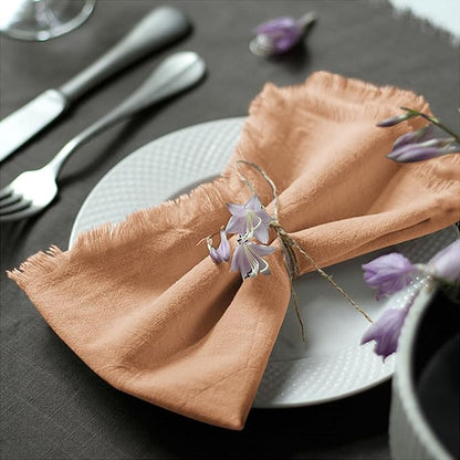 Handmade Cloth Napkins 100% Cotton Napkins with Fringe，Delicate Handmade Cloth Napkins for Dinners, Parties, Weddings and More，18 x 18 Inch Set of 4 - Caramel