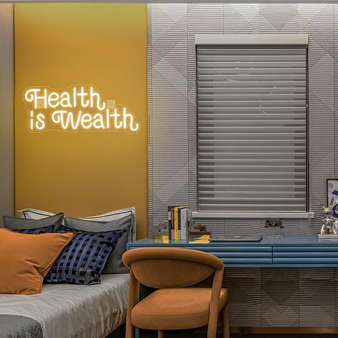 NOSUN Health is Wealth Neon Sign Healths Neon Signs for Wall Decor Warm White Letter Sign with USB Neon Word Sign for Bedroom Office Party Club Light Up Signs Wealth Neon Decoration LED Light