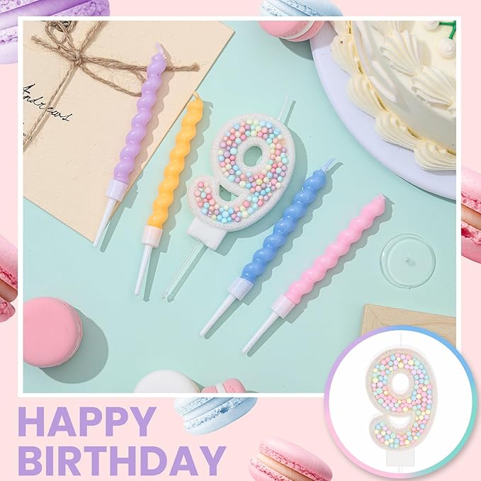 MTLEE Number 9 Birthday Candle with 12 Pcs Spiral Candles for Girls Macaron Pastel Rainbow Unicorn Pink Cake Topper for Sweet Theme Party Decoration