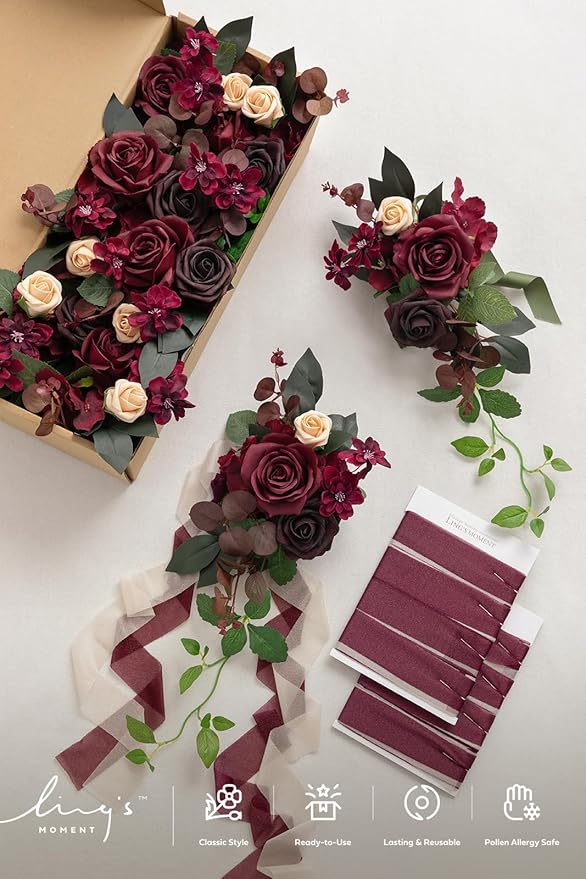 Ling's moment 8 Wedding Artificial Aisle Pew Flowers Chair Decorations Arrangements with Chiffon Ribbons Bordeaux Red for Ceremony Reception Chair Back Floral Decor Reception Church Party Outdoor