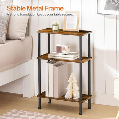 HOOBRO Narrow Side Table Set of 2, 3-Tier Slim End Table No Tools Needed, Twist-On Assembly, Skinny Nightstand Sofa Storage Shelf for Living Room, Bedroom, Study, Rustic Brown and Black BF246BZP201