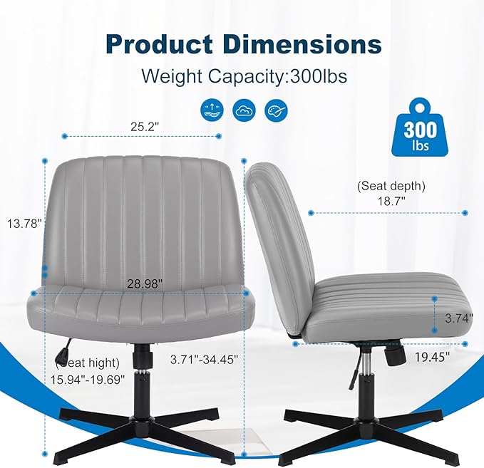 OLIXIS Criss Cross Legged Chairs Armless No Wheels Wide Seat Height Adjustable Swivel Padded PU Leather Home Office Desk Chair for Bedroom, Student, Study Room,Grey