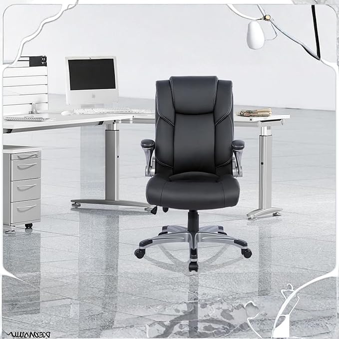COLAMY Leather Executive Office Chair- High Back Home Computer Desk Chair with Padded Flip-up Arms, Adjustable Tilt Lock, Swivel Rolling Ergonomic Chair for Adult Working Study-Black, Set of 2