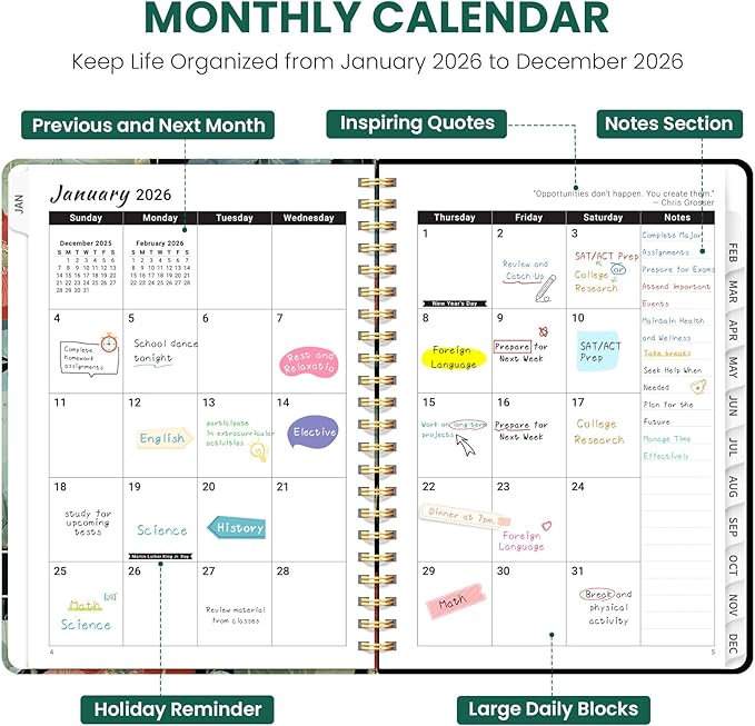 2026 Planner, Weekly and Monthly Planner for Women, Jan 2026 - Dec 2026 Pretty 2026 Calendar Planner with Monthly Tabs, Inner Pocket, Spiral Binding, Perfect for Office Home School - 8.5" x 11", Poppy Garden