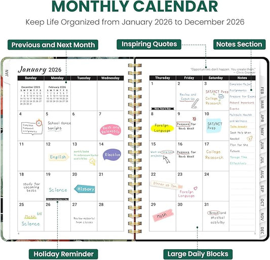 2026 Planner, Weekly and Monthly Planner for Women, Jan 2026 - Dec 2026 Pretty 2026 Calendar Planner with Monthly Tabs, Inner Pocket, Spiral Binding, Perfect for Office Home School - 6.3" x 8.5", Poppy Garden
