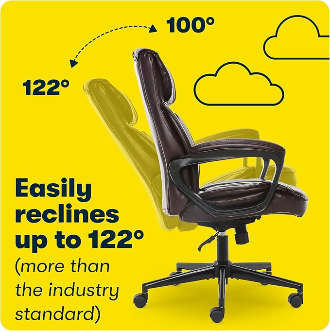 Serta® Hannah Executive Home Office Desk Chair, Ergonomic Mid-Back with Lumbar Support, Firm Seat Cushion, Layered Body Pillows, Padded Armrests, Swivel Base, Easy Assembly, Bonded Leather, Brown
