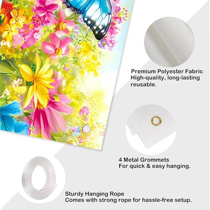 Nuxovilar Happy Birthday Banner Decorations 17.72x78.74 Inch Butterfly Flower Theme - Polyester for Indoor Outdoor Birthday Party Decor