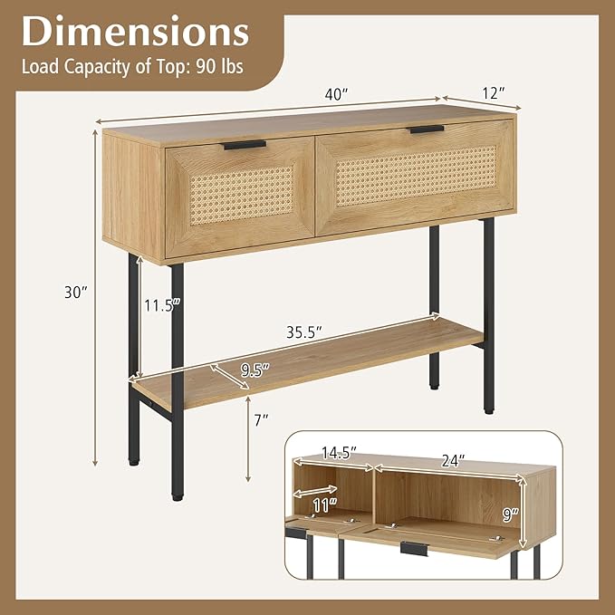 Giantex Rattan Console Table with Storage, 40" Boho Entryway Table w/ 2 Flip Door Cabinets & Shelf, Metal Frame, 2 Anti-Tipping Kits, Narrow Long Behind Couch Sofa Table for Entrance Hallway, Natural