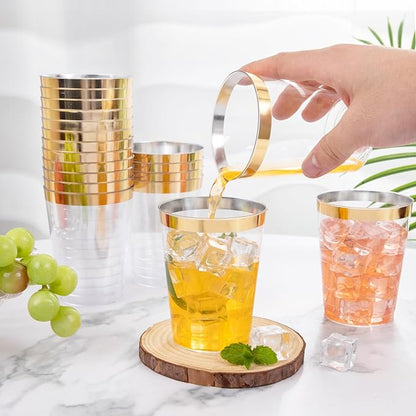 I00000 60PCS Gold Plastic Cups, 10 oz Clear Disposable Cups with Golden Trim, Heavy-Duty Disposable Hard Plastic Wine Glasses Cocktail Glasses Perfect for Wedding & Party