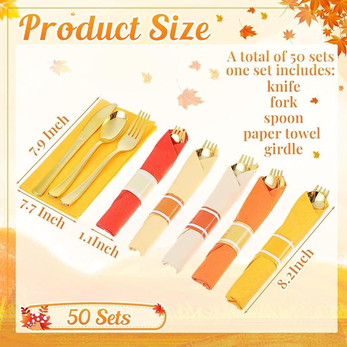 Lasnten 50 Pcs Pre Rolled Fall Thanksgiving Plastic Silverware Set Gold Disposable Plastic Cutlery Set with 50 Pcs Orange Yellow Napkins, 50 Knives, 50 Forks and 50 Spoons for Halloween Fall Parties
