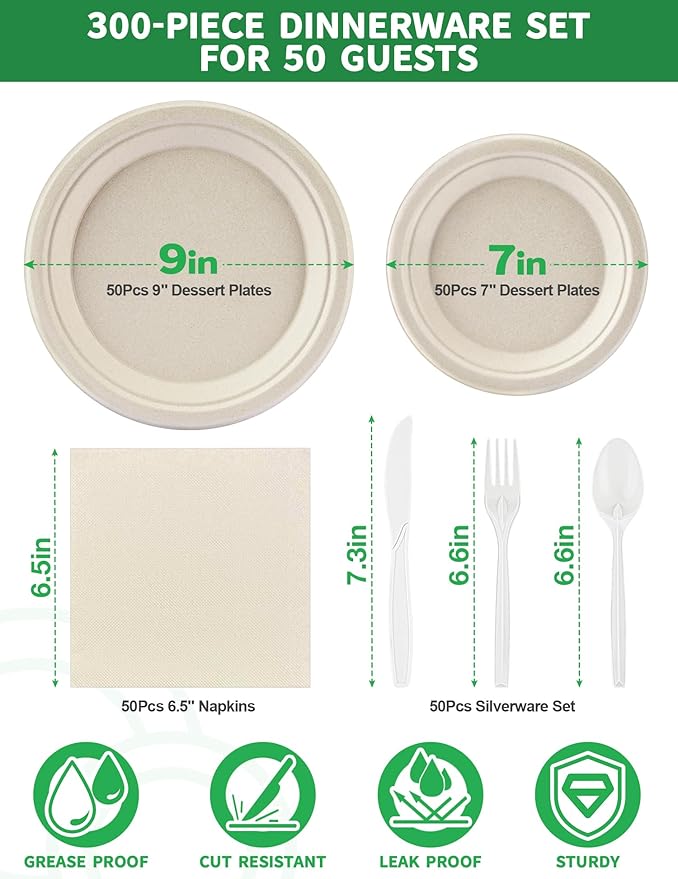 300Pack Disposable Paper Plates and Cutlery Set - Includes 50PCS 7-inch and 9-inch Platters, 50 sets of Disposable Cutlery and Napkins - 100% Compostable Tableware Set for 50 Guests Service