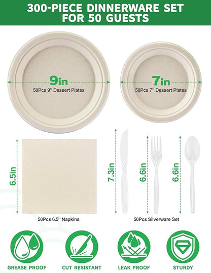 300Pack Disposable Paper Plates and Cutlery Set - Includes 50PCS 7-inch and 9-inch Platters, 50 sets of Disposable Cutlery and Napkins - 100% Compostable Tableware Set for 50 Guests Service