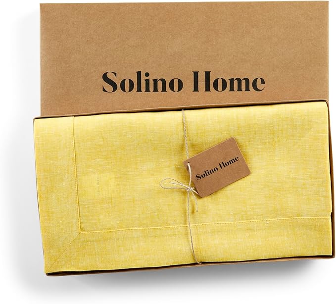 Solino Home Linen Tablecloth 60 x 120 Inch - 100% Pure Linen Chambray Lemon Yellow Table Cloth for Rectangular Tables - Athena, Machine Washable Cloth Tablecloth