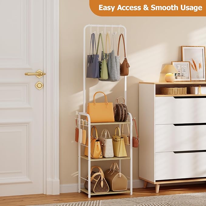 Sturdy Purse Organizer with Thick Wood & Purse Hanger, Floor-Standing Purse Rack Stand for Purse Storage, Narrow & High-Capacity Handbag Organizer, Purse Storage Organizer for Small Place