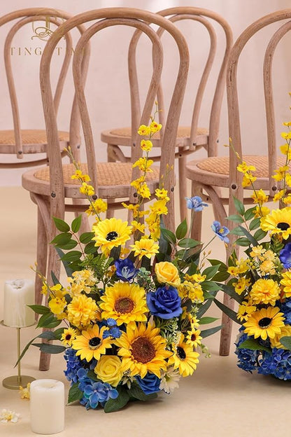 TINGE TIME Free Standing Artificial Sunflower Flowers Set of 2, Wedding Arch Altar Stage Decorations, Silk Fake Flower for Wedding Centerpiece Archway Aisle Welcome Entrance (Sunflower&RoyalBlue)