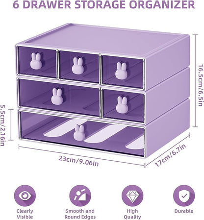 Marbrasse Desk Organizer with 6 Drawers, 3 Tier Stackable Storage Drawers Plastic Makeup Storage, Office Organizers and Storage, Desk Storage Box for Office, School, Home Purple