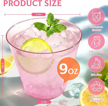 150 Pack Plastic Cups 9 oz Pink Clear Plastic Cups for Cocktail Fancy Disposable Cup for Party Stemless Wine Glasses for Wedding Thanksgiving Christmas Party Graduation