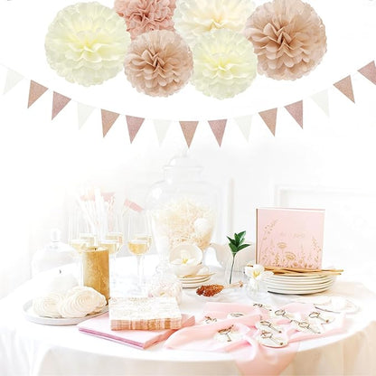 Champagne-Gold Beige Boho Baby-Shower Party-Decorations - 23pcs Fall Rustic Neutral Bridal Wedding Paper Tissue Pom Poms Streamers,Retro Tassel Garland,Girl Birthday Banner Decor Lasting Surprise