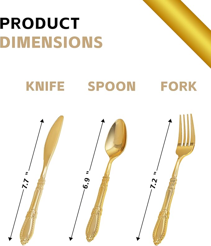 Nervure 300PCS Gold Plastic Silverware - Heavy Duty Disposable Cutlery Set,Luxury Gold Plastic Utensils include 100Pcs Forks, 100Pcs Spoons, 100pcs Knives Perfect for Wedding,Party,Daily Use
