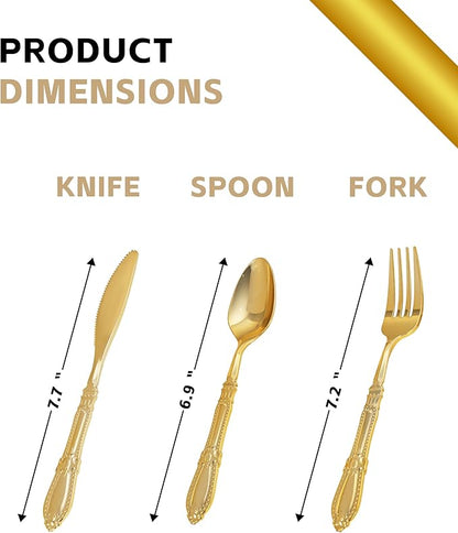 Nervure 300PCS Gold Plastic Silverware - Heavy Duty Disposable Cutlery Set,Luxury Gold Plastic Utensils include 100Pcs Forks, 100Pcs Spoons, 100pcs Knives Perfect for Wedding,Party,Daily Use