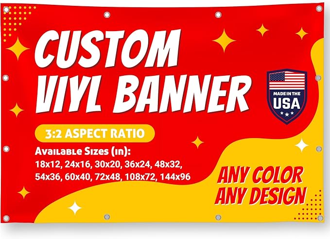 Custom Vinyl Banner with 150+ Sizes – Personalized Outdoor or Indoor Sign – Any Color & Design – Made in USA – Party, Business, Event Use