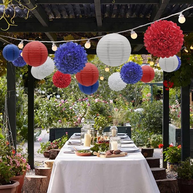 KAXIXI Hanging Party Decorations Set, 15pcs Navy Blue White Red Paper Flowers Pom Poms Balls and Paper Lanterns for 4th of July Decorations Patriotic Decoration Wedding Birthday Baby Shower