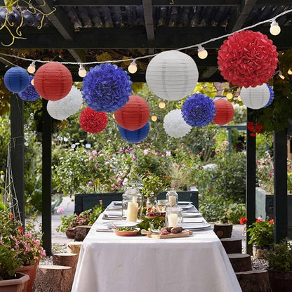 KAXIXI Hanging Party Decorations Set, 15pcs Navy Blue White Red Paper Flowers Pom Poms Balls and Paper Lanterns for 4th of July Decorations Patriotic Decoration Wedding Birthday Baby Shower