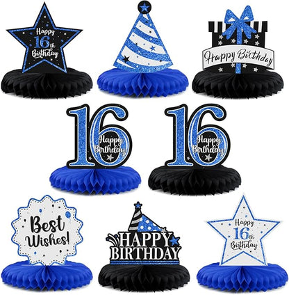 Happy 16th Birthday Decorations,16th Birthday Blue Glitter Shiny Stand Honeycomb Table Centerpieces - Cheers to Sixteen Years Old Birthday Party Photoprop Gift Sign.