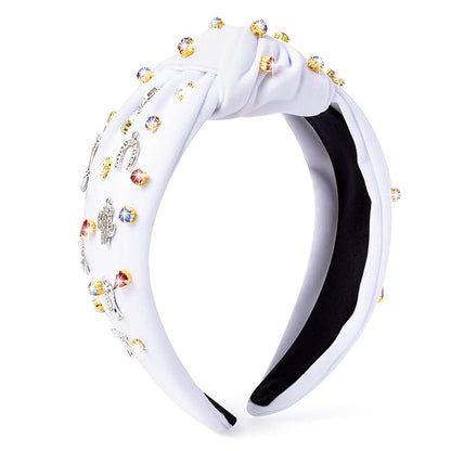 PANTIDE Western Jeweled Knotted Headband - Cowgirl Boots Guitar Cactus Rhinestone Crystal Embellished Headband Wide Top Knot Fashion Hairband Hair Accessories Birthday Gift for Women Girls (White)