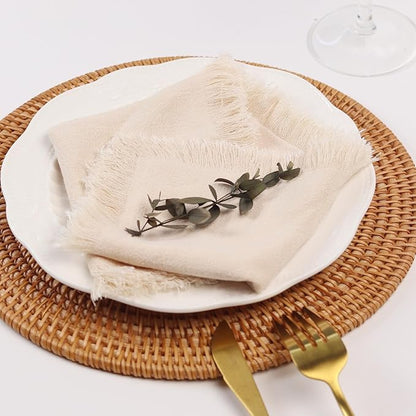 Handmade Cloth Napkins with Fringe,18 x 18 Inches Cotton Linen Napkins Set of 12 Versatile Handmade Square Rustic Fringe Napkins for Dinner, Wedding and Parties, Cream