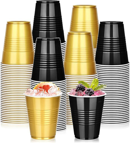 KesaPlan 100 PCS 12 OZ Plastic Cups, Party Cups Black and Gold Cups Disposable Drinking Cup Bulk For Christmas Graduation Wedding Birthday Halloween New Year Family Gathering Festive Celebrations