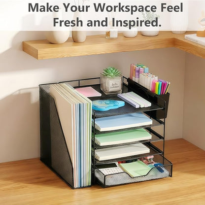 Desk Organizer, 5-Tier Paper Letter Tray Organizer with File Holder, Drawer and Pen Holder, Desktop Organizer for Office Supplies, Black