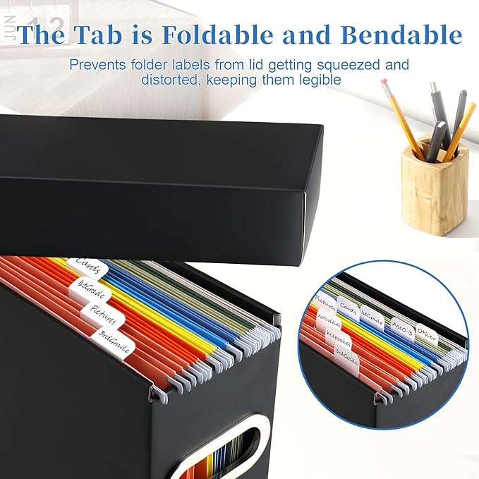 File Organizer Box with Lid & Handle, Heavy Duty Hanging File Folder Storage Boxes for Letter Size, Portable Filing Organizer for Office, Home, Classroom, Black 4 Pack