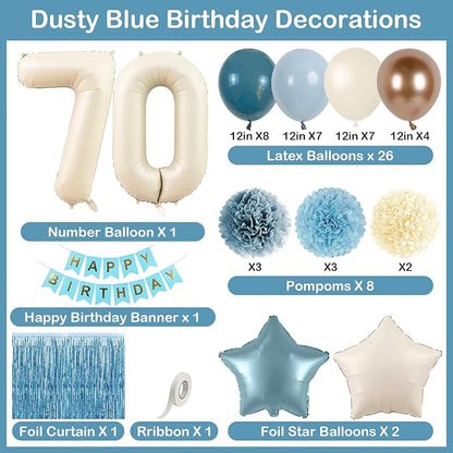 Dusty Blue 70th Birthday Party Decorations for Women Men Beige Cream Number 70 Balloon with Blue Gold Happy Birthday Banner Fringe Curtain Paper Pom Poms Nude White Sand Champagne Star Foil Balloons