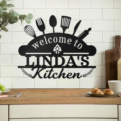 Personalized Kitchen Signs Wall Decor - Custom Metal Name Sign, Custom Kitchen Sign, Rustic Kitchen Decor Wall, Gift for Mothers Day, Mom, Grandma, Chef, Welcome to Linda's Kitchen
