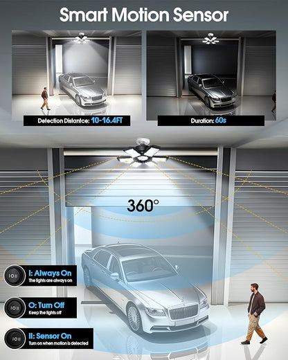 Garage Light, 200W 20000LM 6500K LED Shop Lights, Garage Lights Ceiling Led with 6+1 Deformable Panels, Screw in E26/E27 Socket Bulb (Motion Sensor 200W-1PACK)