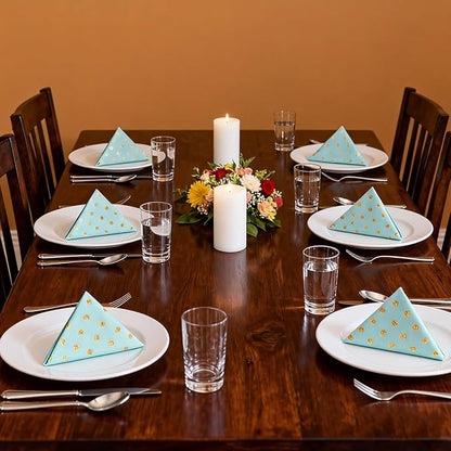 100 Pack 6.5x6.5 Inch Disposable Blue Gold Paper Napkins