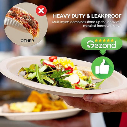 Gezond 100% Compostable Plates, Paper Plates 10 Inch 125 Pack Disposable Heavy-duty Plate Biodegradable Sugarcane Bagasse Plate for Party Picnic (Natural)