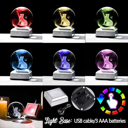 Ornalrist 3.15" Crystal Ball Engraved 3D Cat with Butterfly Figurine Collectible Paperweight with LED Base, Glass Sphere Cat Lover Gifts for Women Men Home Decor