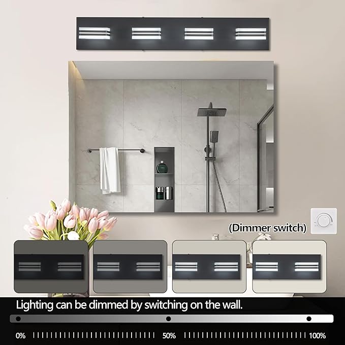 4 Light Bathroom Square Shape Vanity Light Over Mirror Modern 25.6in Led Vanity Light Fixture Lights for Bath Dimmable Matt Black