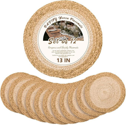 13 in Woven Placemats Plate Chargers Set of 12, Boho Farmhouse Rustic Round Place Mats for Dining Table Decor, Rattan Wicker Table Mats Chargers for Dinner Plates