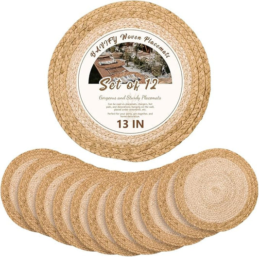 13 in Woven Placemats Plate Chargers Set of 12, Boho Farmhouse Rustic Round Place Mats for Dining Table Decor, Rattan Wicker Table Mats Chargers for Dinner Plates