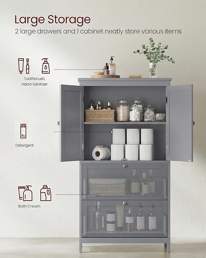 VASAGLE Floor Storage Cabinet, Freestanding Storage Unit with 2 Drawers and 2 Doors, Adjustable Shelf, 11.8 x 23.6 x 43.3 Inches, for Entryway, Bathroom, Dove Gray UBBC551G02V2