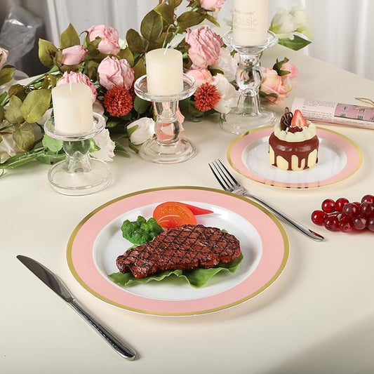 100PCS Pink Disposable Plastic Plates Include 50PCS 10.25inch Dinner Plate and 50PCS 7.5inch Dessert Plate Heavy Duty Plastic Dinnerware for Party Wedding Anniversary New Year