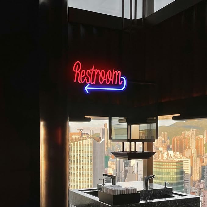 Restroom Neon Sign Toilet Neon Signs for Wall Decor Washroom with Arrow Neon Light Red Blue Bathroom Neon Wall Light Up Signs for WC Bar Restaurant Hotel Shop Decor USB Powered