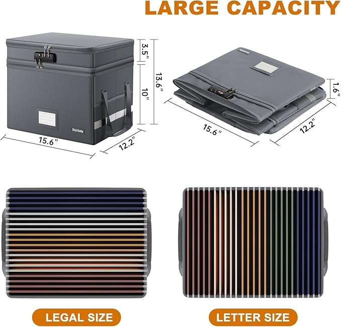 DocSafe File Box with Lock,Multi-Layer Fireproof Document Box Collapsible File Storage Organizer with Pockets/Handle,Large Portable Home Office Filing Box for Hanging Letter/Legal Size Folders,Gray