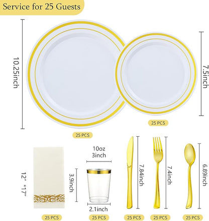 175 PCS Gold Dinnerware Set for 25 Guests, Gold Rimmed White Heavy Duty Plastic Disposable Plates for Party Wedding with 25 Dinner Plates,Dessert Plates, Silverware Set, Cups, Napkins