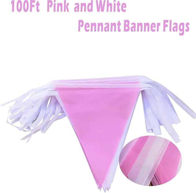 100Ft Pink and White Pennant Banner Flags String Fabric Triangle Bunting Flag,Party Decorations for Wedding,Kids Birthday,Home Outdoor Garden Hanging Festivals Decoration,60 Pcs