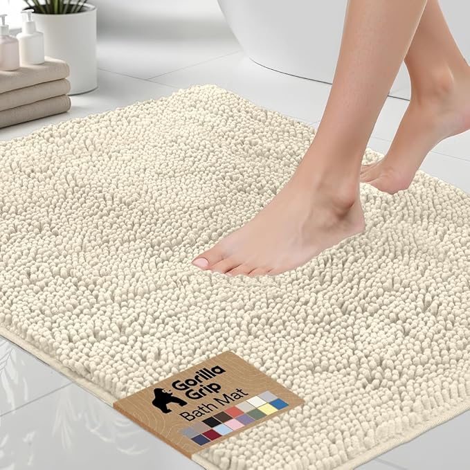 GORILLA GRIP Bath Rug Mat 60x24, Thick Soft Absorbent Chenille, Quick Dry Microfiber Mats, Rubber Backing Washable Shower Floor Rugs, Bathmat Runner, US Designed Bathroom Home Decor Accessories Ivory